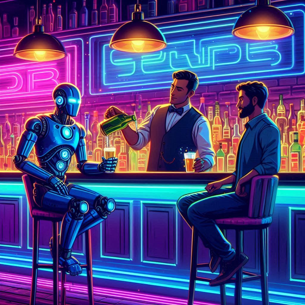 the pub has 3 person at the night time, as the human bartender pours guest another round, the one guest is robot and the other guest is man ...