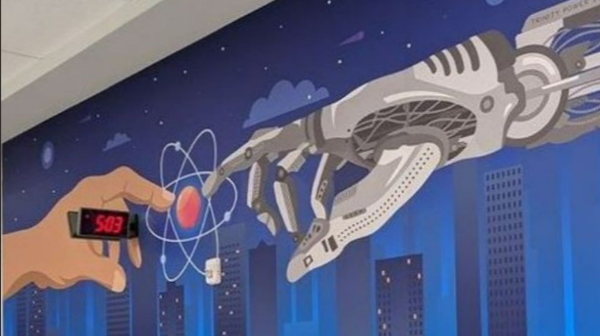 Detailed fantasy concept art. Medium shot. Robotic arm touching the tip of a finger in a human arm. Deep, bright, and vibrant. Soft brush st...