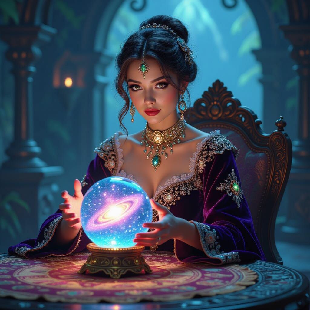 she smiles as the tiny galaxy emerges from he crystal balls 