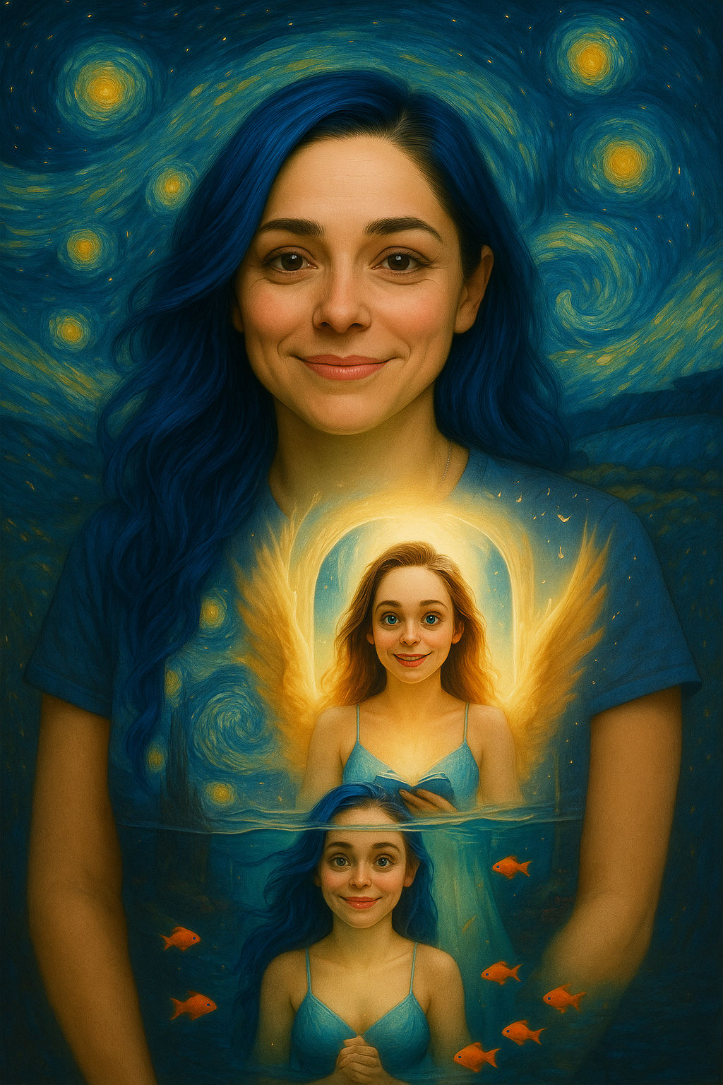 The scene depicts a large, elegant archway surrounded by classical statues on either side, positioned in a soft, ethereal ambiance. The arch...