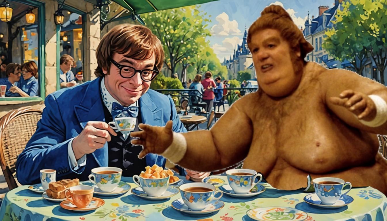 Vibrant digital cartoon, medium shot. Austin Powers and an overweight
