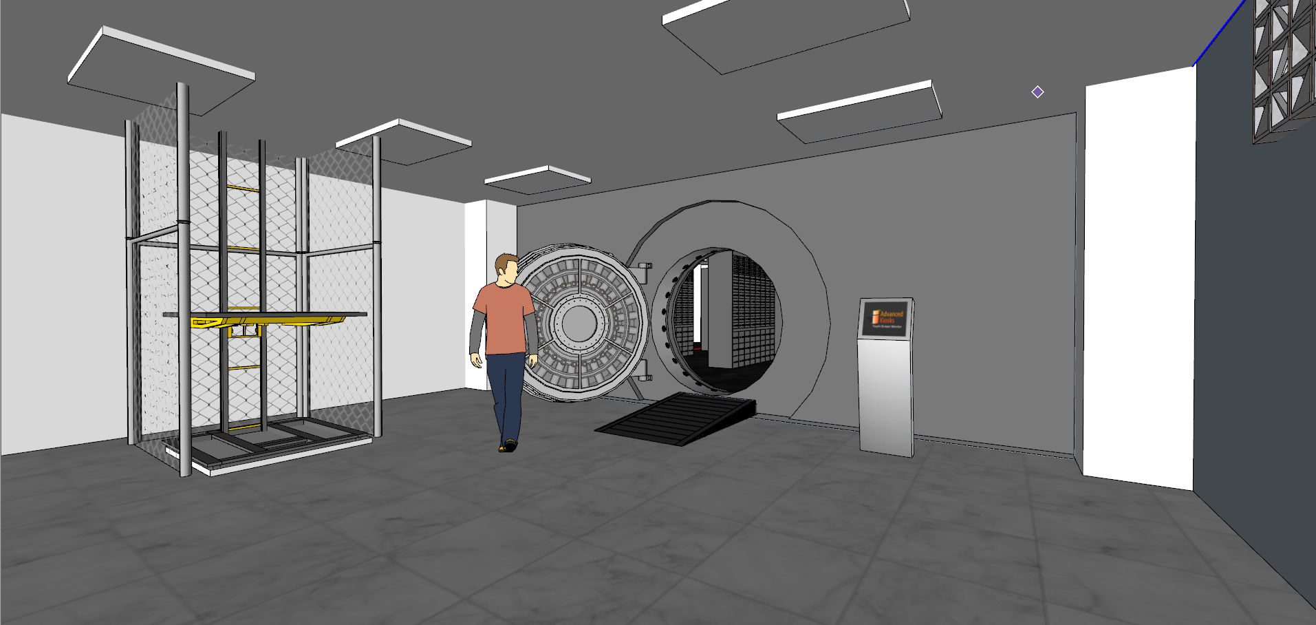 vault interior, metal vault door with aluminum finish and no lights, metal frame, bright lighting, smooth wall, tiles flooring, clean surrou...