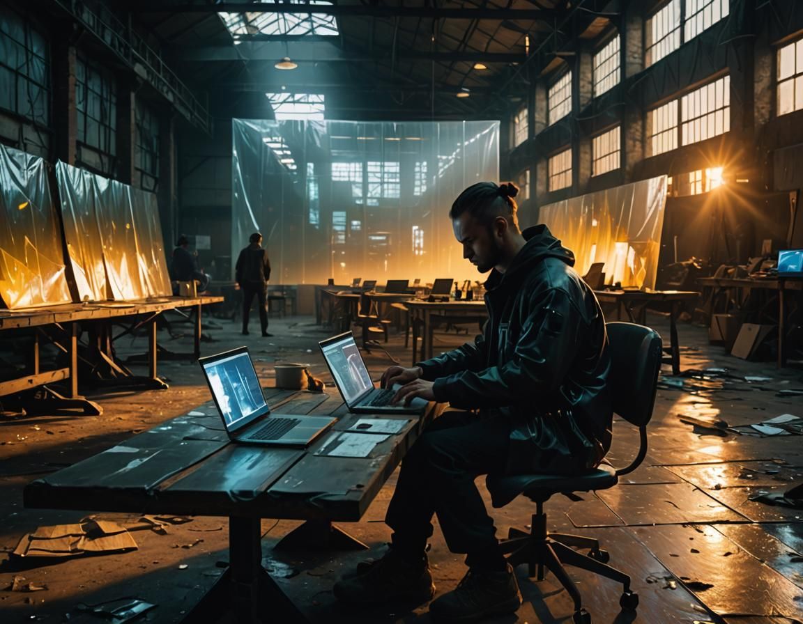 empty abandoned warehouse with windows, everything moved out, only long table in the middle, top spot light shines down, 3 high tech compute...