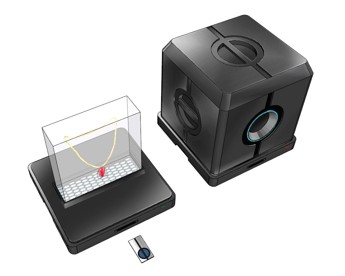 metallic black box, semi gloss finish, dim blue rim light on box, necklace conceal in clear glass block, clean design, premium look, highlig...