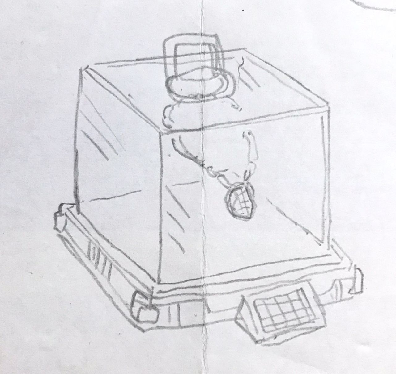 a futuristic carrier device, clear crystal block, gold necklace freeze in crystal, red diamond pendant, top suction handle, a metal base hol...