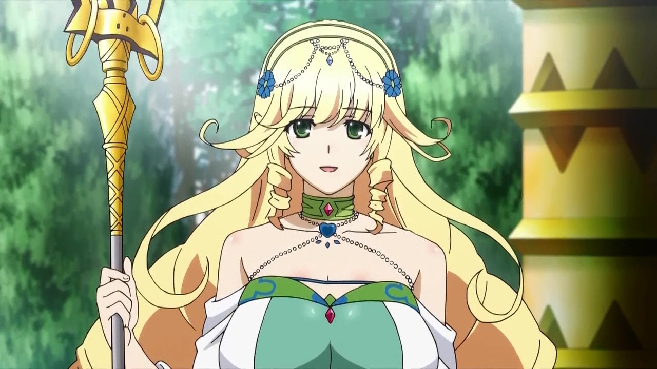 A graceful, anime-style fantasy character stands against a lush, green forest background. She has long, flowing Green hair decorated with bl...