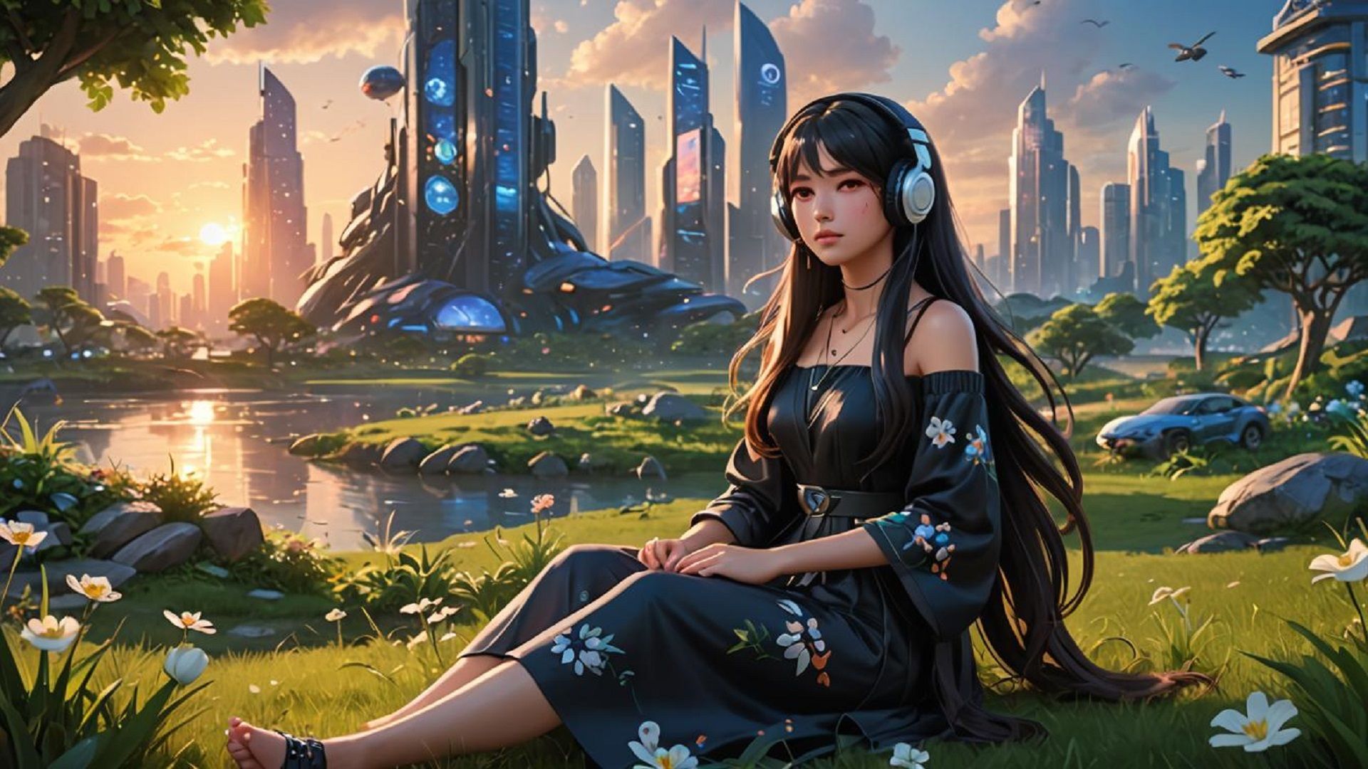 Create scene landscape from another world and and futurist city in the background and pretty azian woman with long black air and short black...