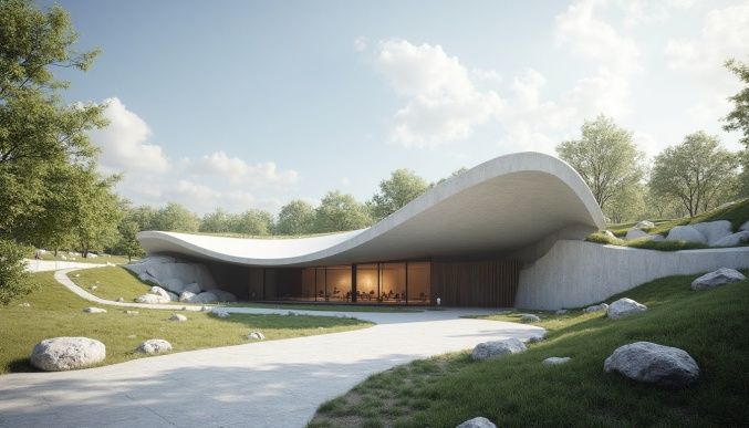 show a semi-organic  and futuristic abstract  petal like building with a faced using abstract Iranian decorative geometry made out of magent...