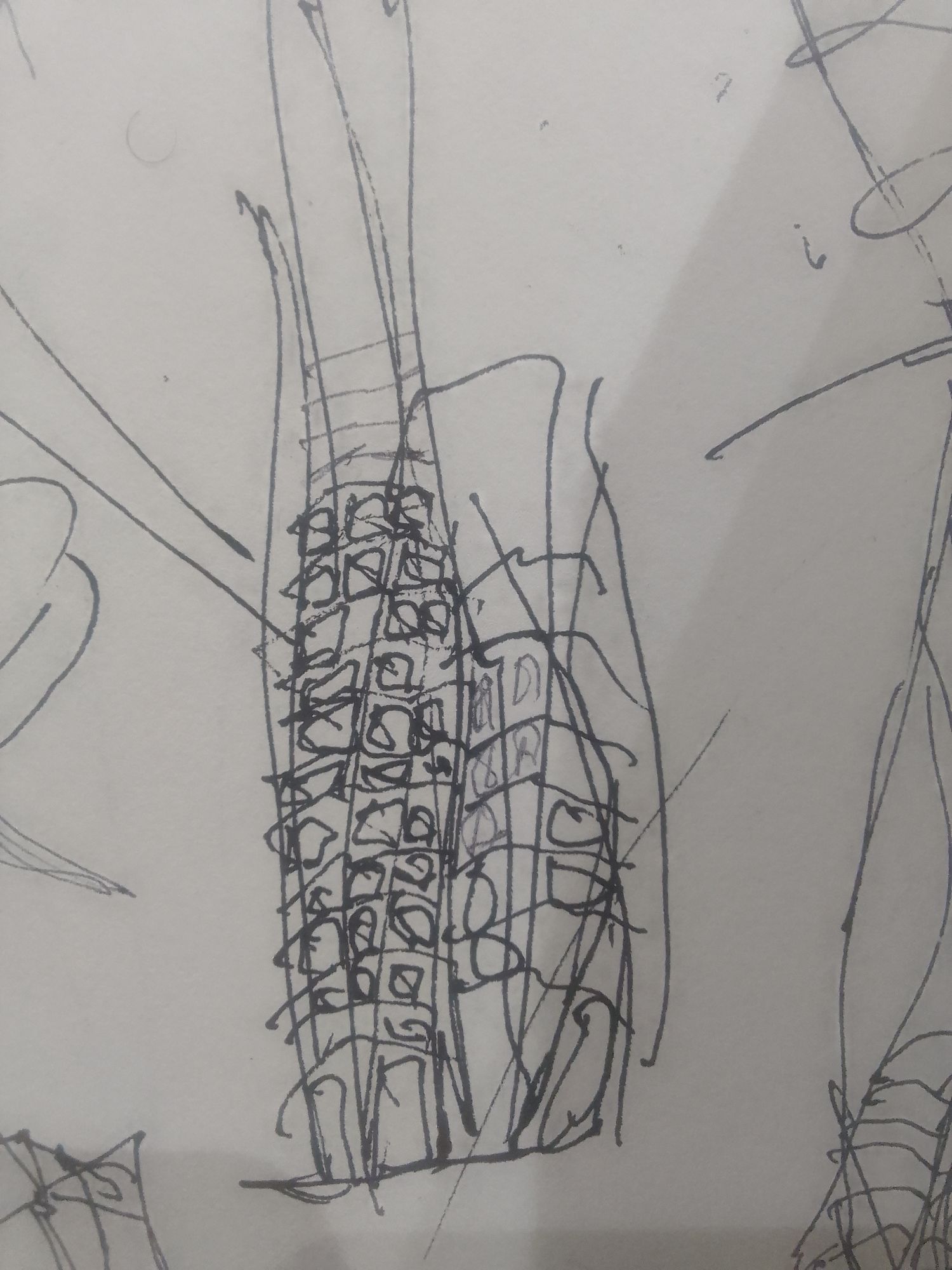 show a futurist and twisted high riser building made out of steel and glass. squared windows and steel frame Show a urban context with build...