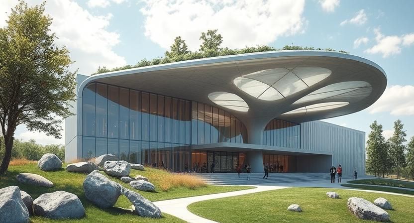 show a semi-organic  and futuristic abstract  petal like building with a faced using abstract Iranian decorative geometry made out of magent...