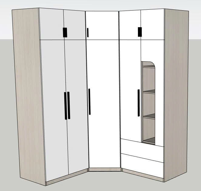 đặt trong góc một căn phòng, với ánh vàng dịu bên trái tủ là cửa phòng vệ sinh