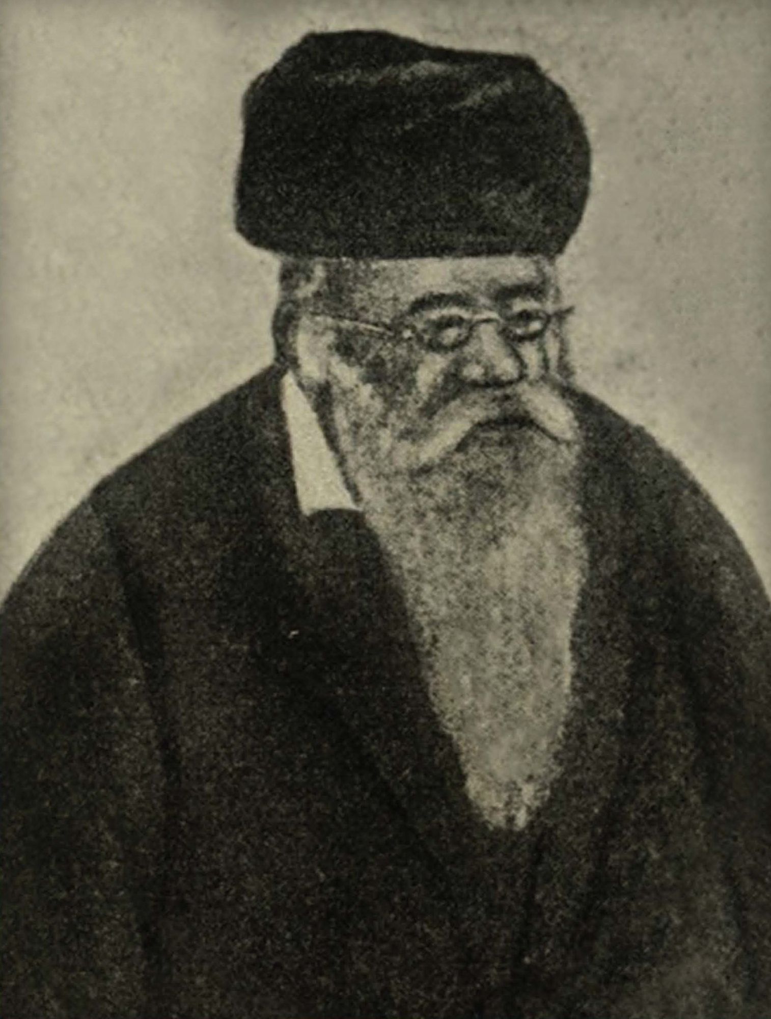 An old Jew with a smooth face, a long gray beard, glasses, a black shaggy fur hat, a shiny silk suit