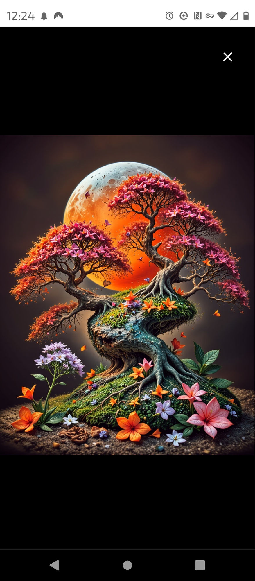 A red bonsai tree under a blood moon