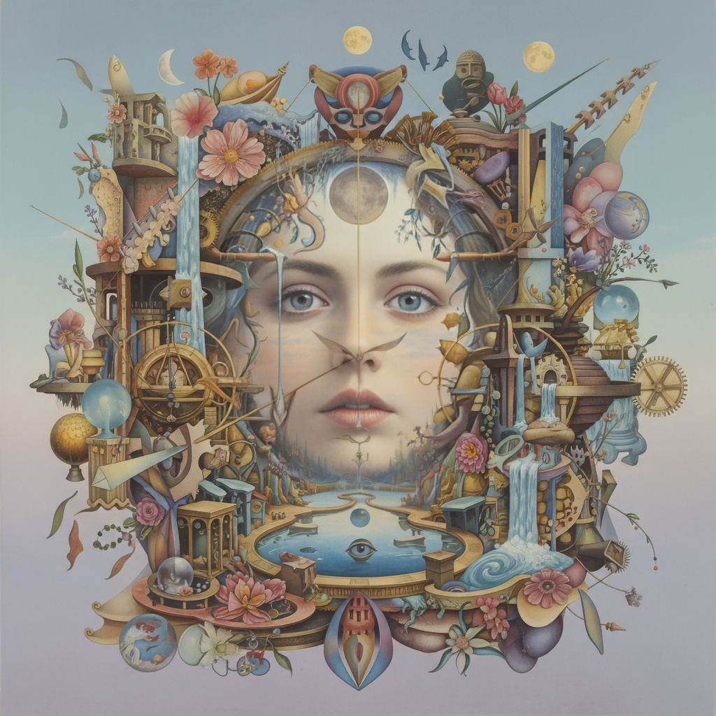 surreal collage sculpture of impossible objects arranged in the kind of painfully perfect symmetry that screams "this ma...