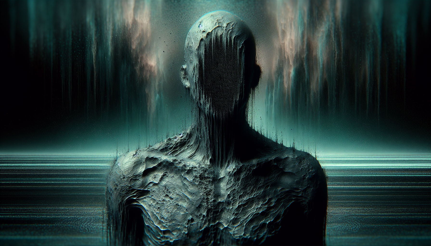 ((top-notch quality)), ((masterwork)), ((true-to-life)), decayed humanoid figure, silent, motionless, surrounded by fractured code, immersed...