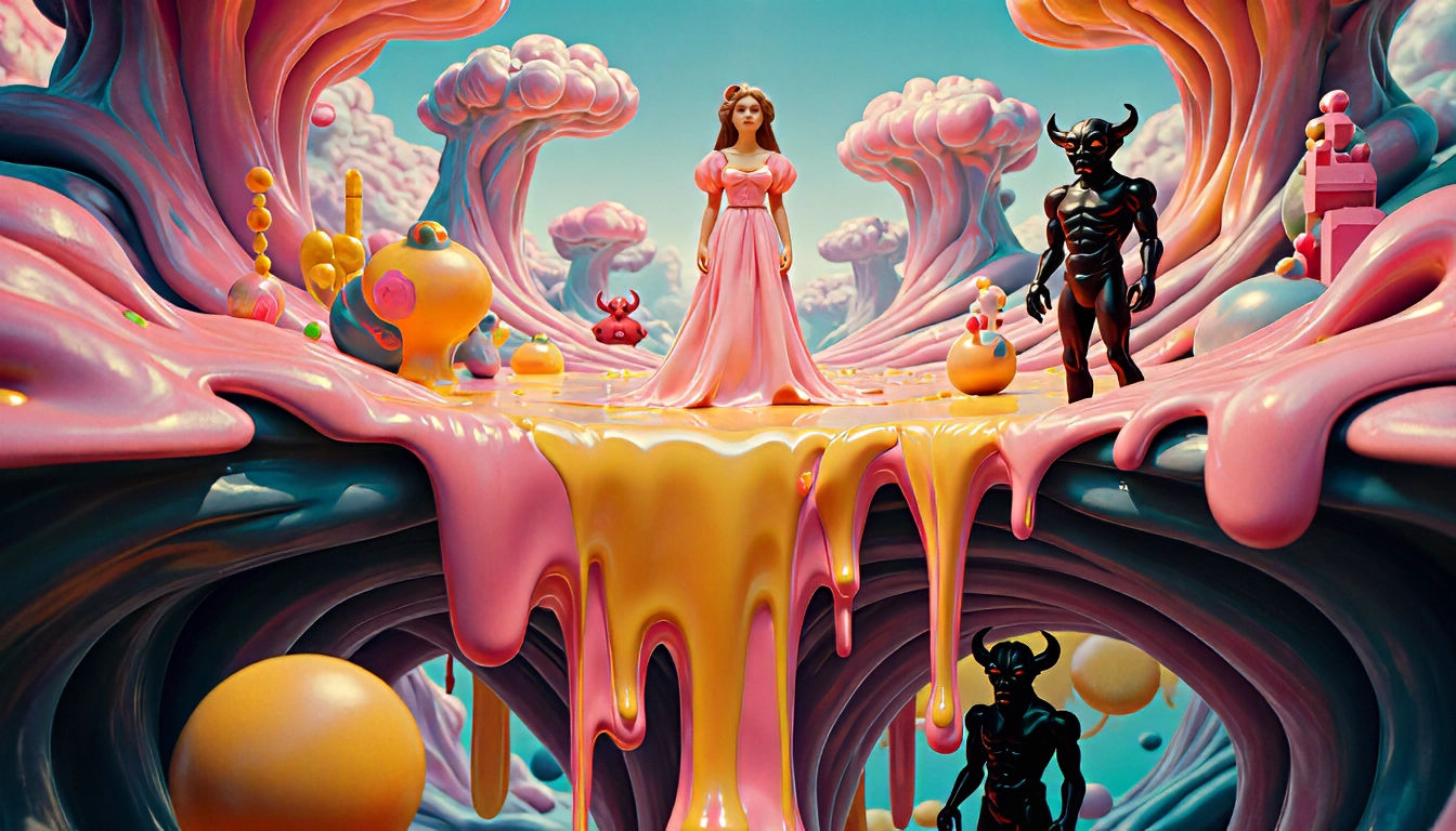 Surrealism masterpiece of a vibrant, abstract landscape with sweet maiden and bad demons, Divided into upper and lower world unfolding with ...