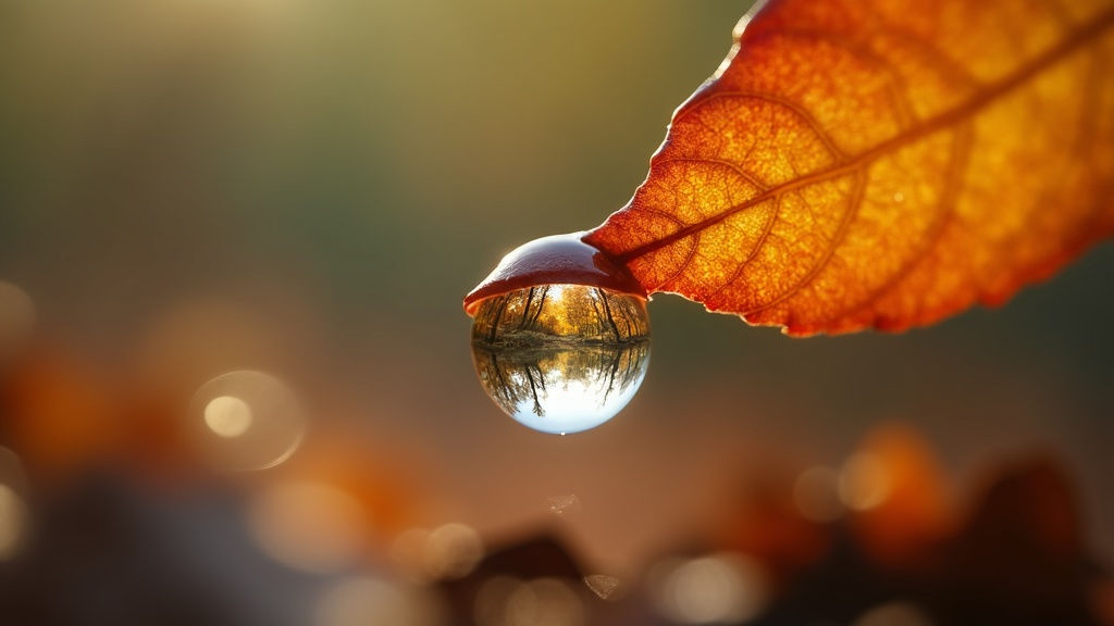 Nature photography. 
A dewdrop on a leaf, macro shot, reflecting inside that dewdrop is an extremely detailed fall forest scene visible incl...