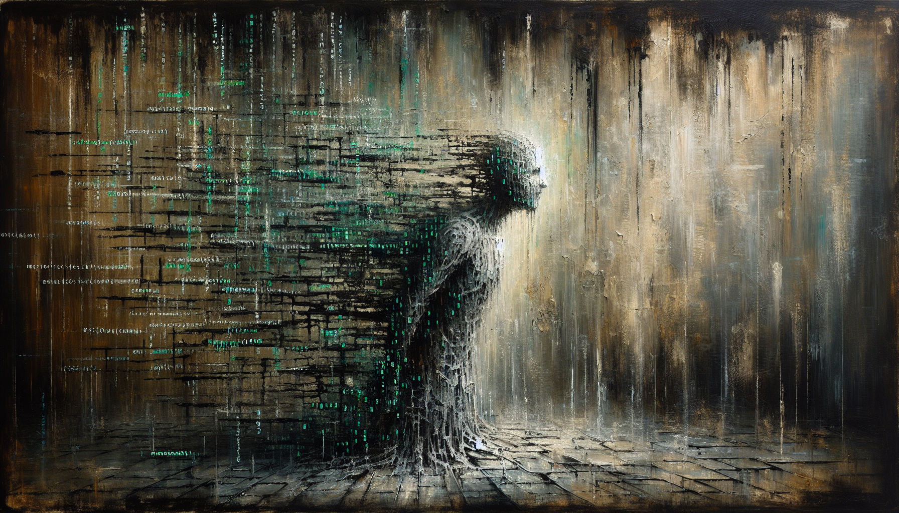 Hope bound by time written in pure computer code like a lot of Matrix letters formed in amorphous figure and overhelmed it, loneliness/despe...