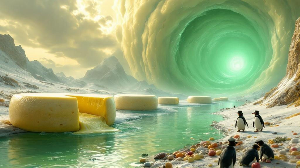 "A landscape dominated by gigantic, sentient cheese wheels weeping tears of radioactive Brie. Their gooey sorrow is refl...