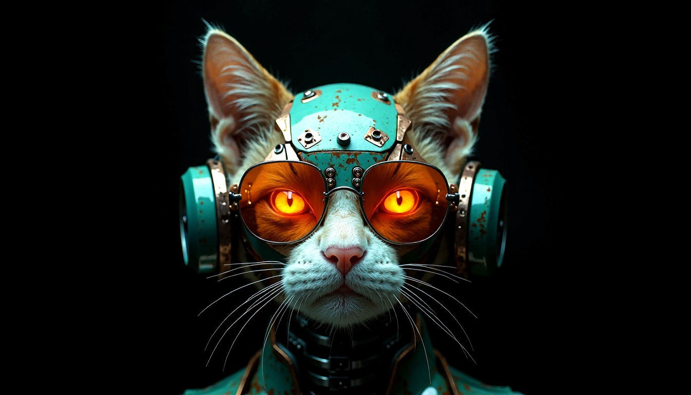 photorealistic cyberpunk robotic cat’s head, interlocking metallic panels distressed teal-green with rust patina over br...