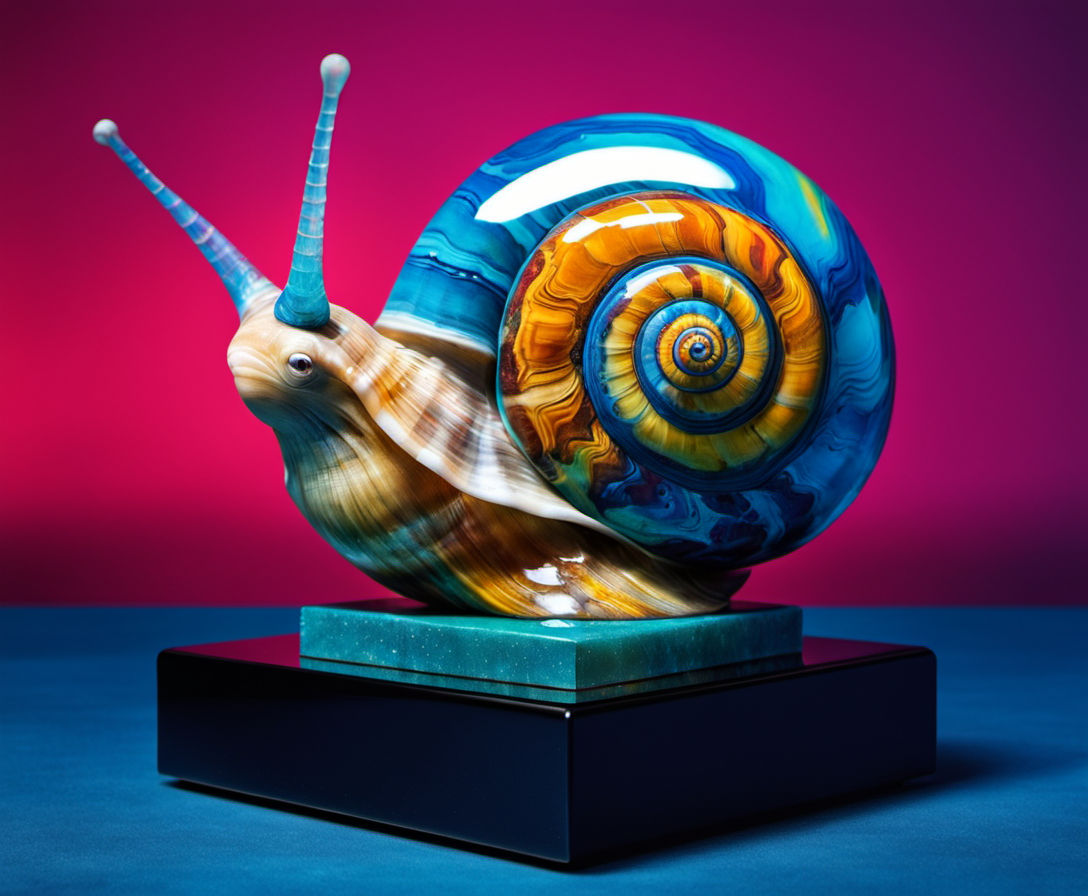 Prehistoric disco snail twirls on a velvet plinth, shell reflecting a riot of oil-spill hues, depth and dimension making even 3D glasses wee...