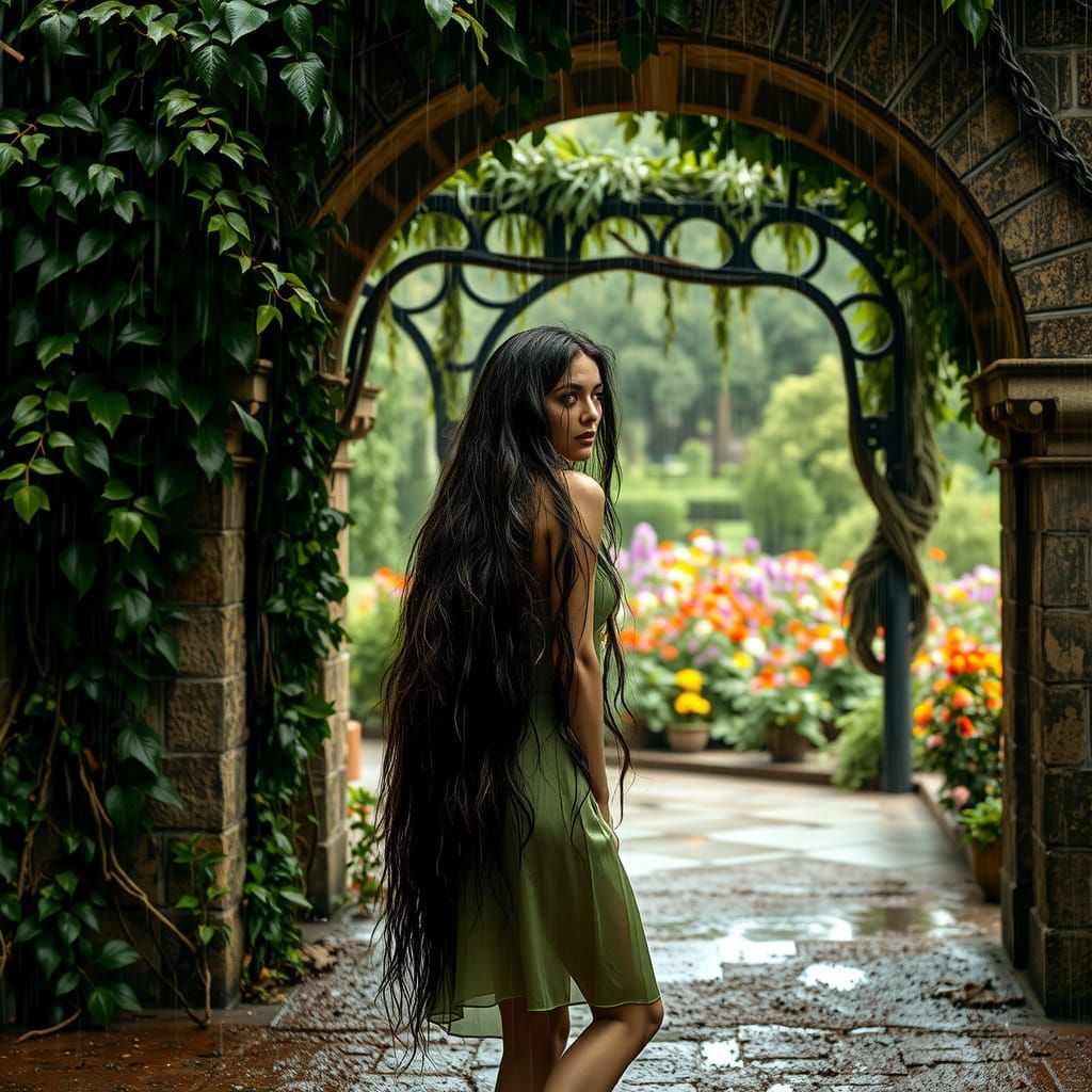 beautiful italian woman with long dark soaking wet hair, seeking shelter under an ancient archway covered in  crawling ivy from a thundersto...