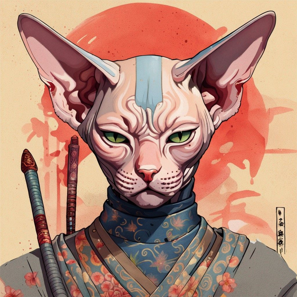 Sphynx cat ronin japanesse warrior