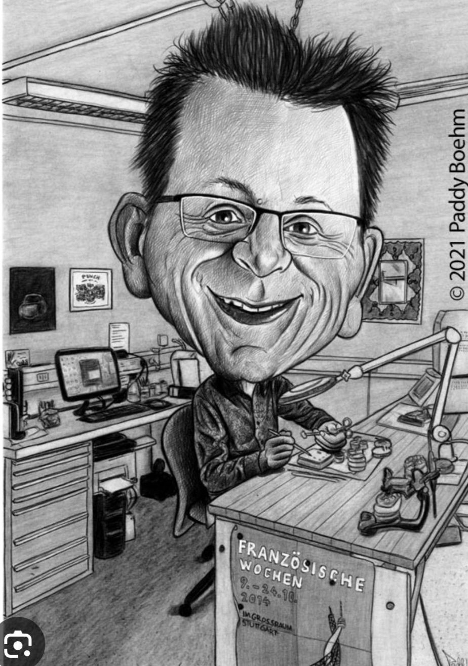 caricature of a dental technician working on a pair of teeth in a laboratory. Facing the camera. Make it as detailed as possible 