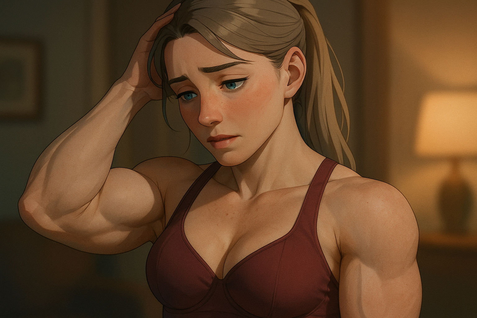 muscular woman flexing bicep while running her hand through her hair.