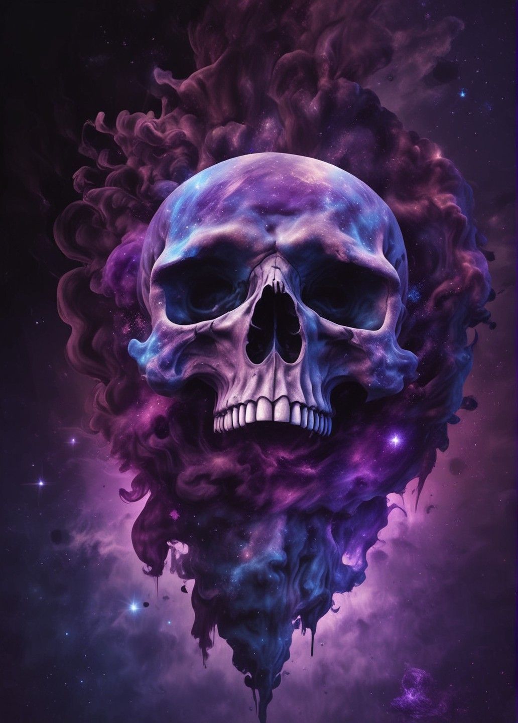 A watercolor painting depicting a nebula intricately shaped like a human skull, surrounded by swirling cosmic dust.