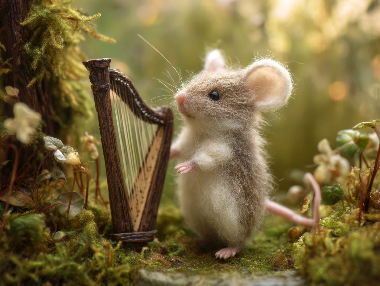 Tiny mouse playing a harp