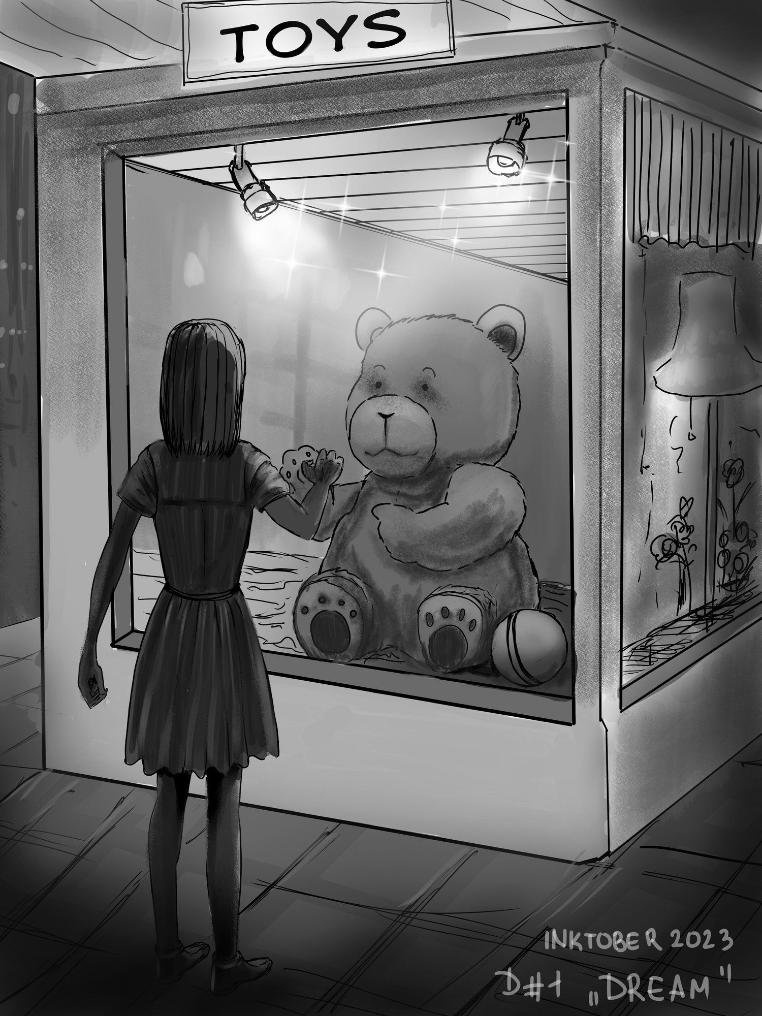 A girl in a dress looks through a glass case at a large toy bear. evening time. an anime-style drawing.
