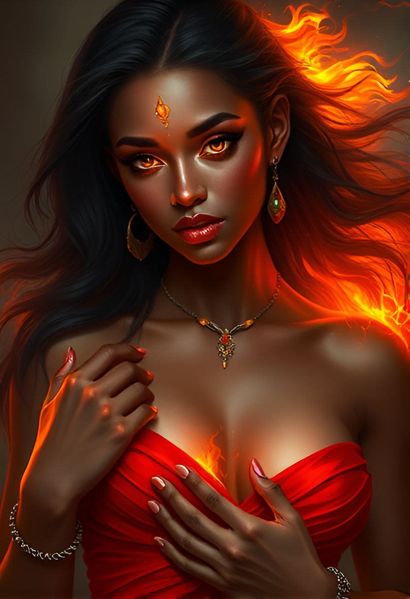 A fantastical digital painting depicts an ethereal female character in a dramatic, mystical setting. The central figure is a woman with long...