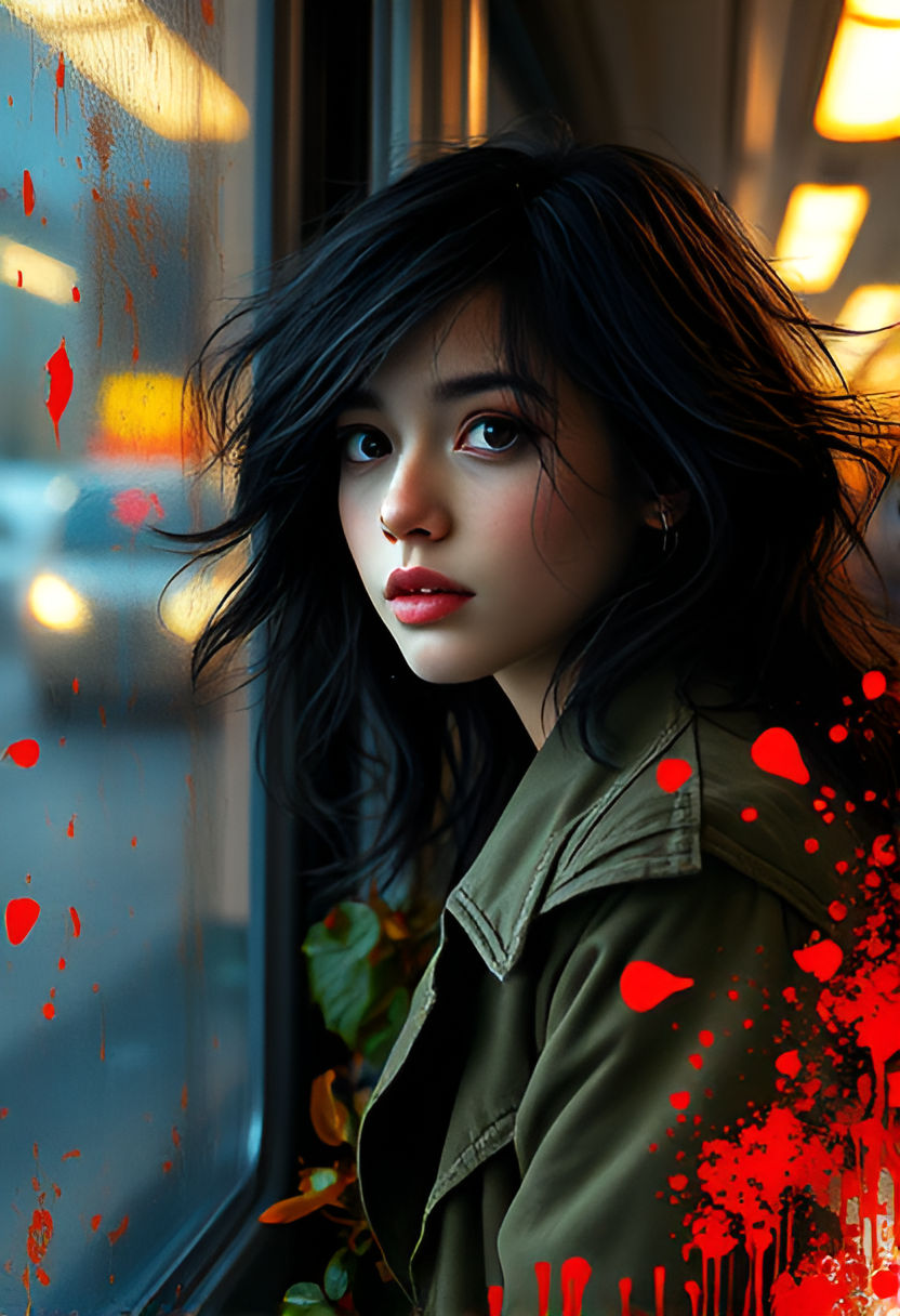 Digital painting portrait of a young woman, wavy light brown hair, colorful paint splatters in blue, yellow, orange, pink, purple, fair comp...