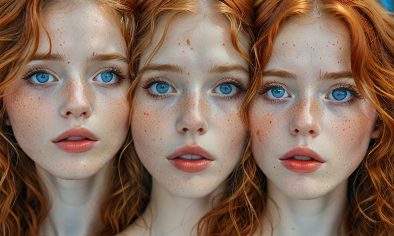 Two young women with freckled skin, soft focus on their facial features, gaze and expressions, the background a blur of muted tones, drawing...