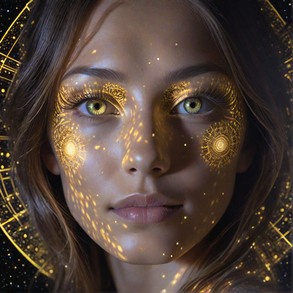 A highly detailed holographic representation, floating freely in space, composed of three separate layers of completely transparent material...