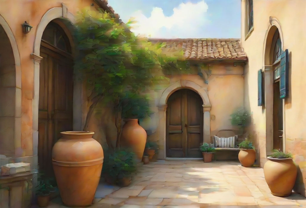 A serene Mediterranean courtyard, bathed in warm golden light, with earthy terracotta soil tones and rustic weathered stone architecture. A...