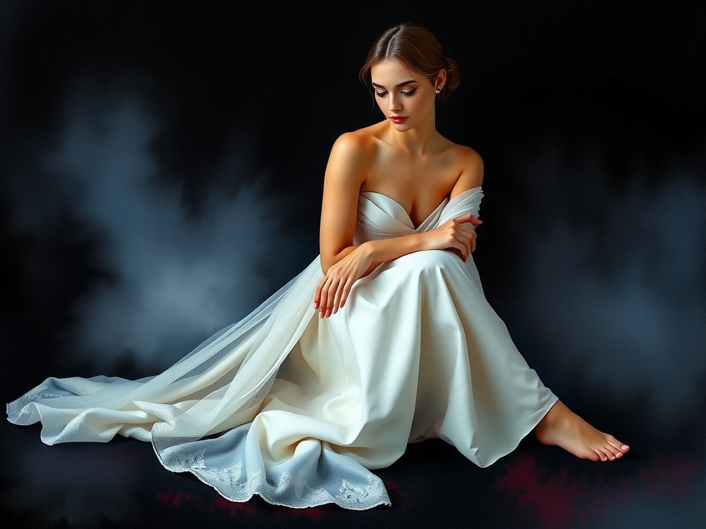 A fine art portrait photograph in the style of Rembrandt's chiaroscuro and the elegant realism of Annie Leibovitz, with the moody, atmospher...