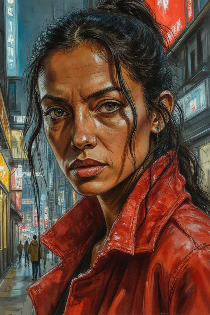 A close-up painting of Panam Palmer, utilizing a vibrant, muted palette and earthy tones, capturing her intense gaze against a neon-lit cybe...