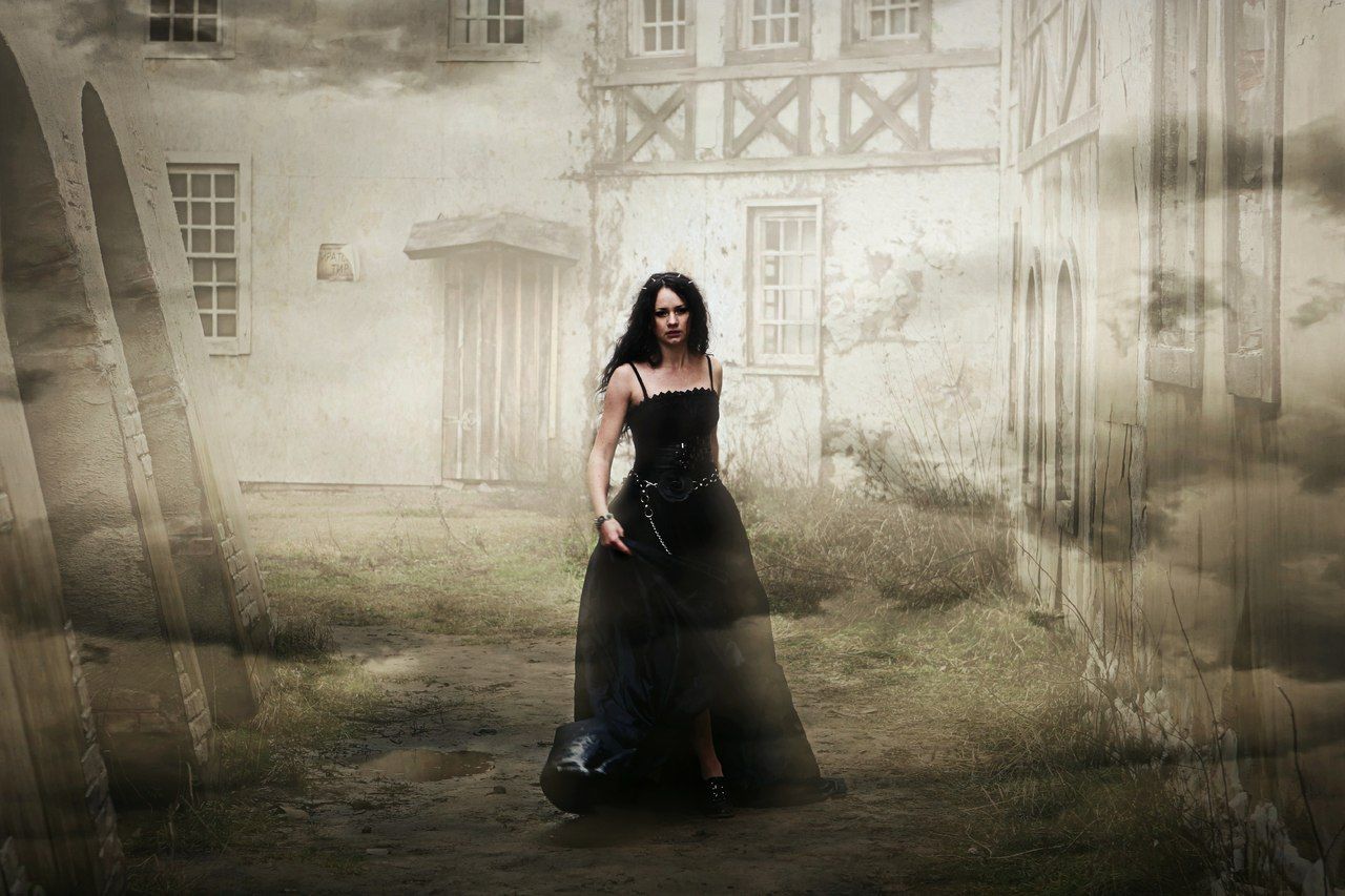 close up ink sketch of a gothic woman in a black dress standing in front of a building, a matte painting, by Darek Zabrocki, gothic art, wut...