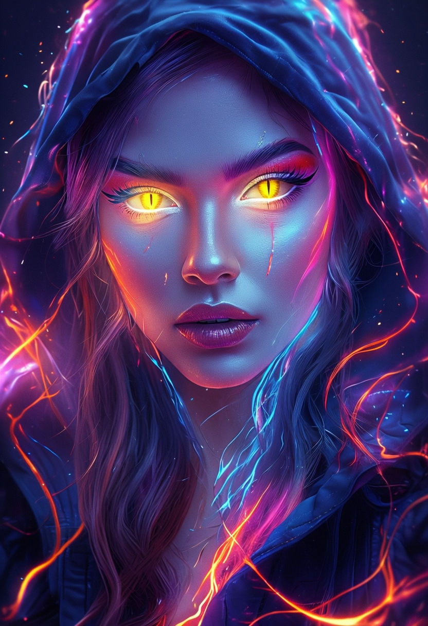 A highly detailed cyberpunk digital artwork featuring a close-up portrait of a female character with an intense, mysterious expression. She...