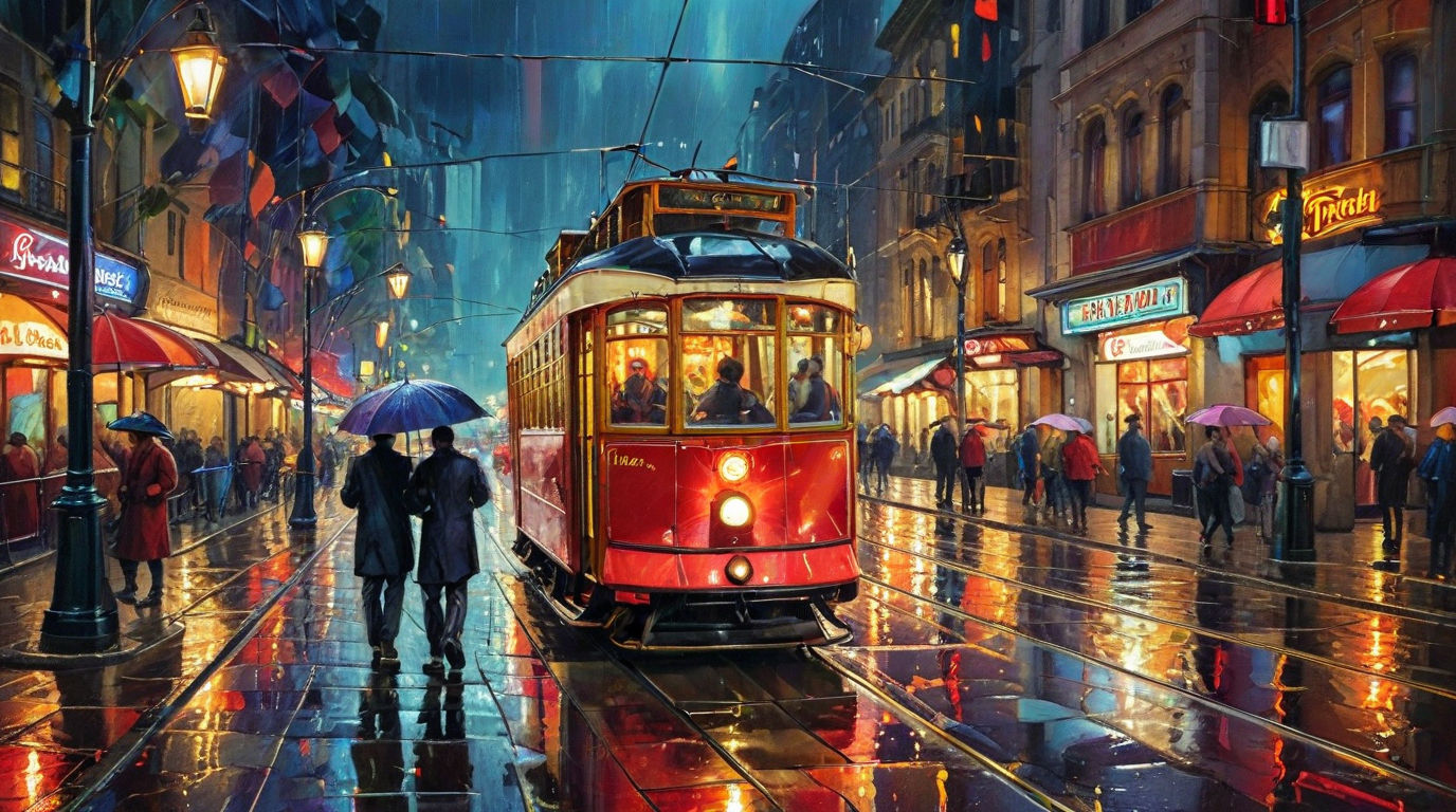 An atmospheric scene depicting a vintage red train traveling across a steel bridge in an urban environment. The setting is shrouded in a thi...