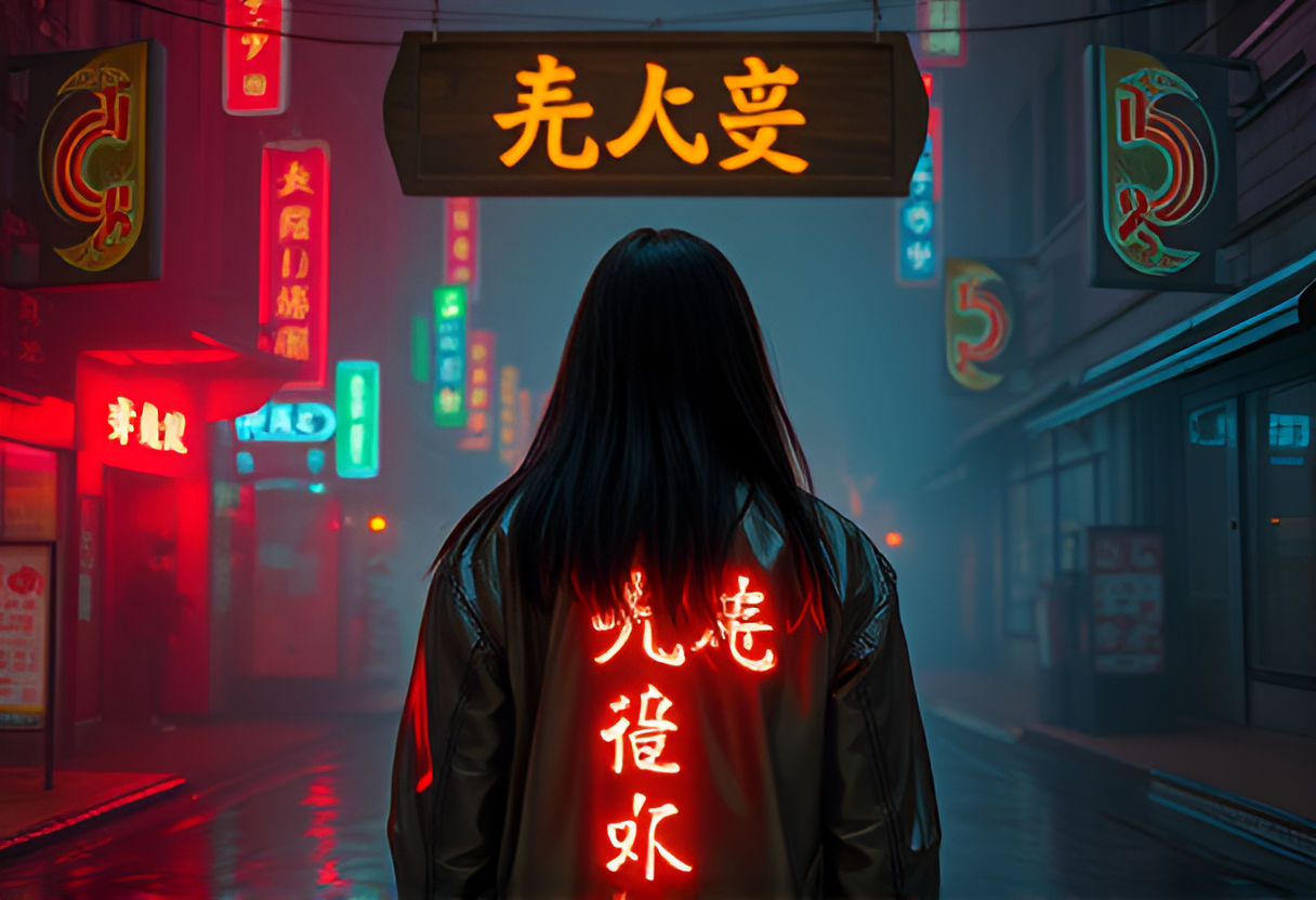 A photograph capturing a cyberpunk-inspired night scene of an urban street, taken from behind a young woman standing in the center. The indi...