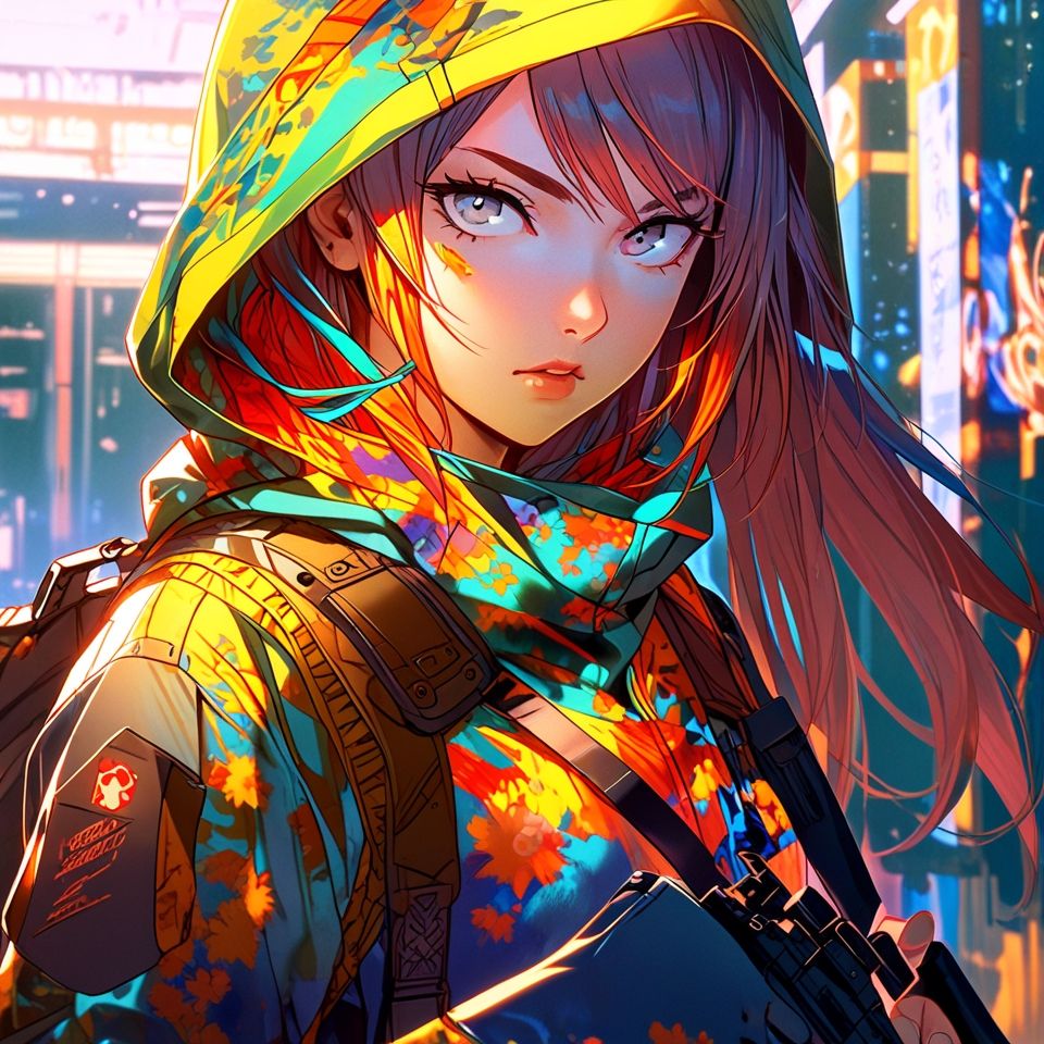 The image features a striking female character dressed in a military-inspired outfit with a camouflage pattern. She has long dark hair, whic...