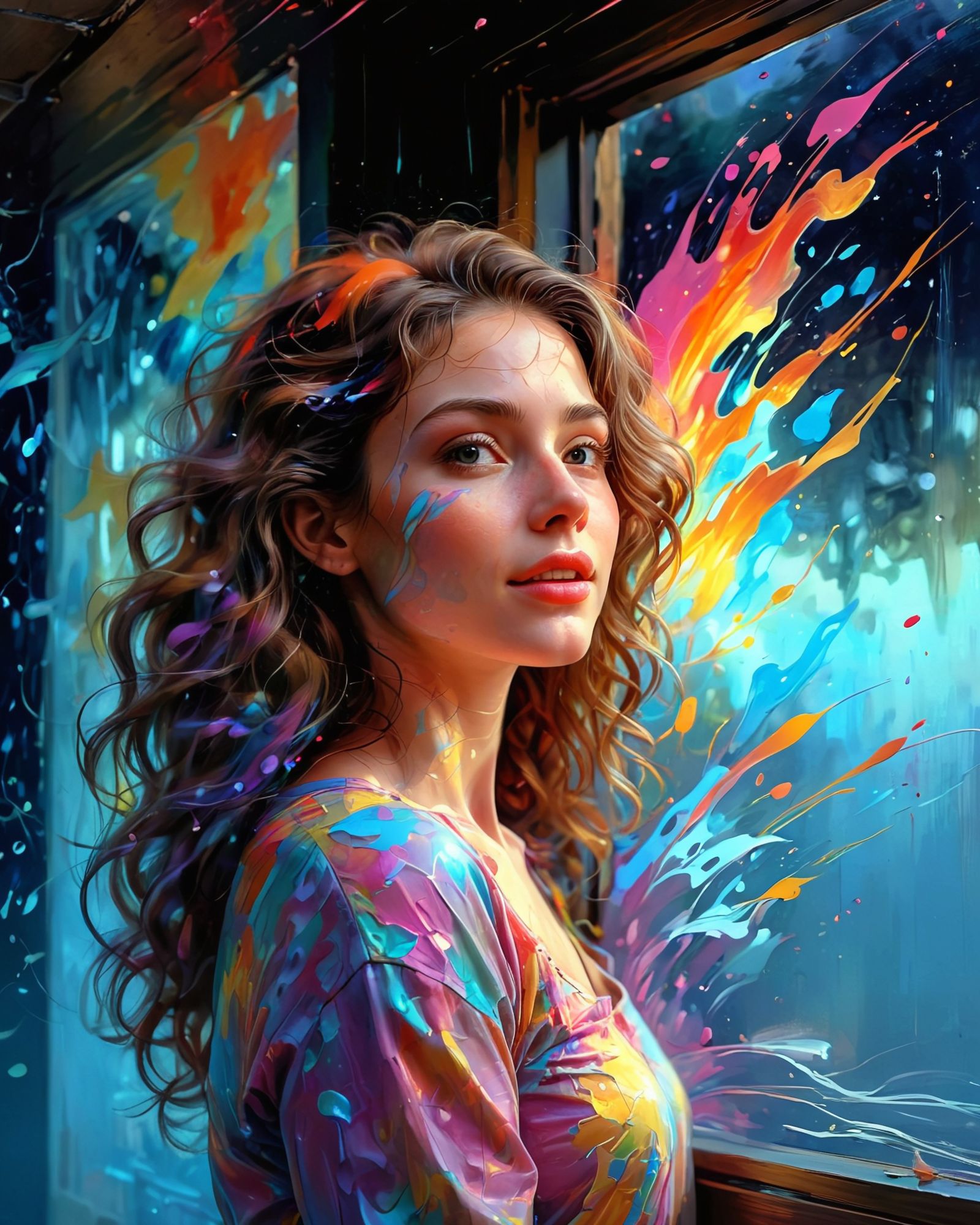 Digital painting portrait of a young woman, wavy light brown hair, colorful paint splatters in blue, yellow, orange, pink, purple, fair comp...