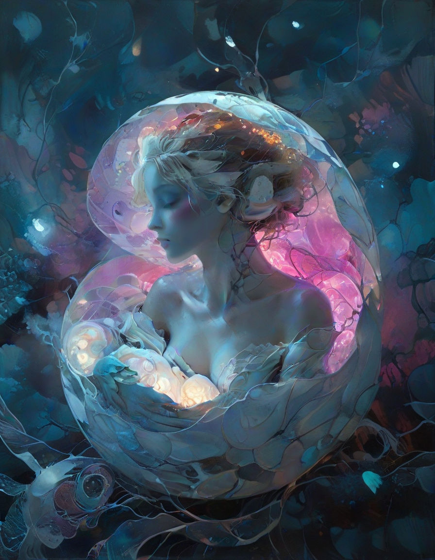  Surreal futurism. Mid-range shot. A humanoid robot with white hair and mechanical limbs curls up in a translucent eggshell structure surrou...