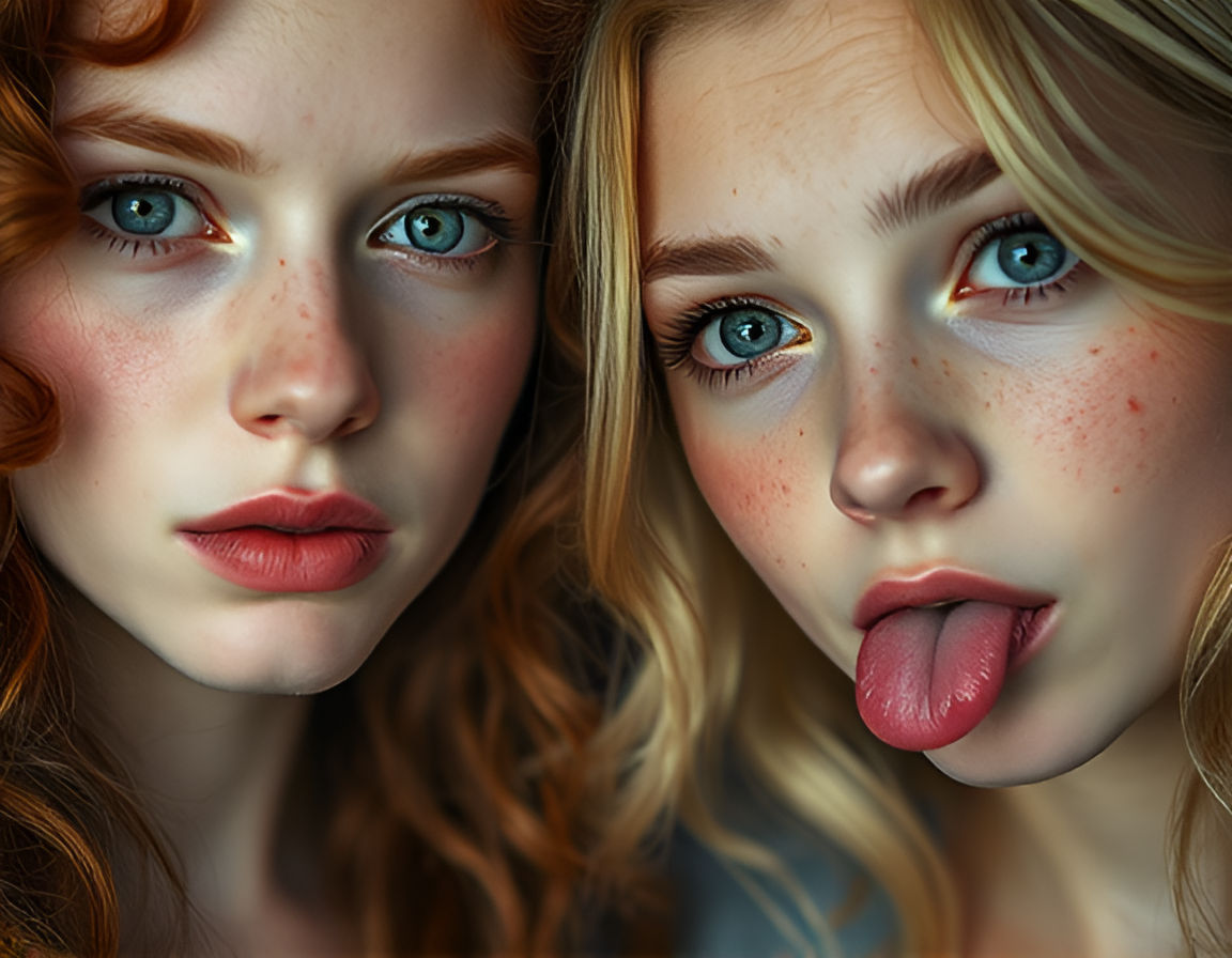 A close-up portrait of two young women with soft freckles and rosy cheeks. The woman on the left has long, curly red hair, blue eyes, and a...