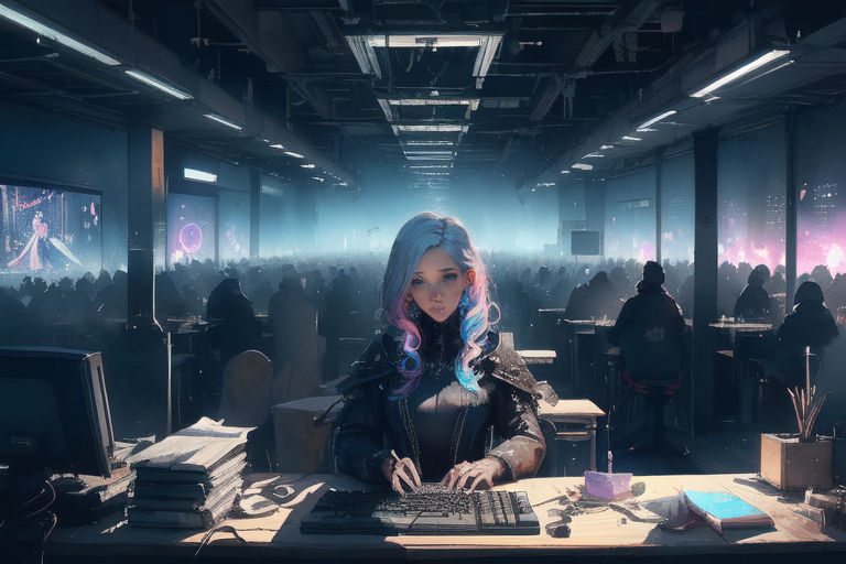 Digital artwork depicting a futuristic, gothic-style room with a young woman seated at a cluttered desk. The room is filled with various ele...