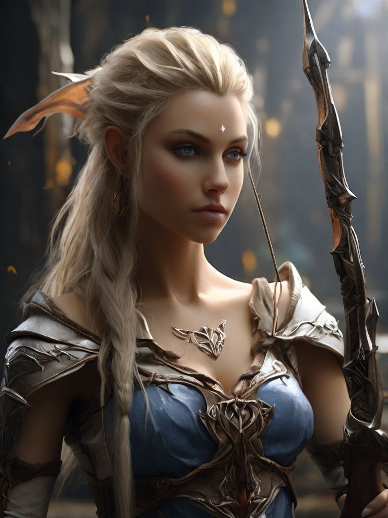Luis Royo oil sketch: "Female Elf" - fantasy, high elf, female, using a bow, blonde, pony tail, full body, detailed matte painting, deep col...