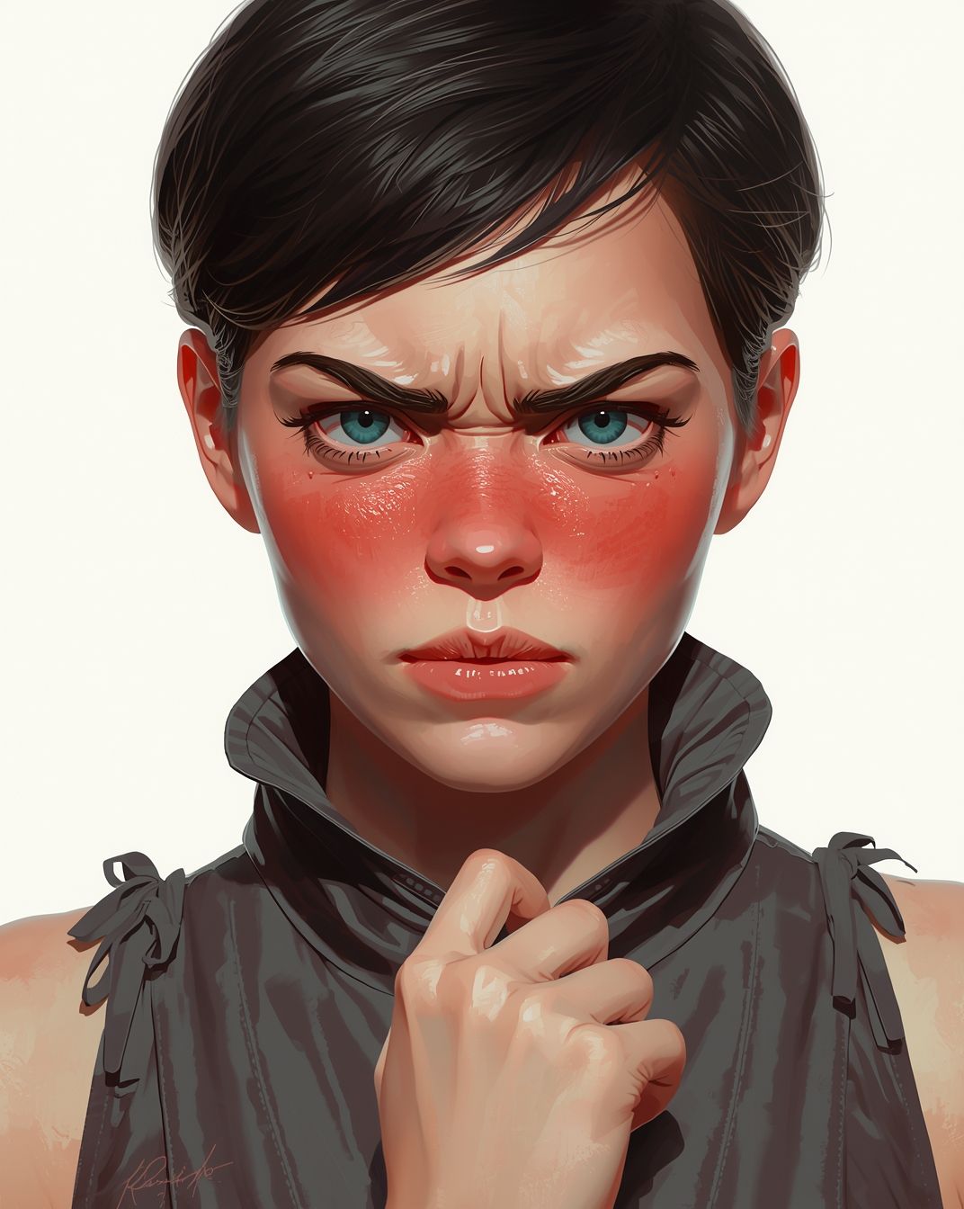 Embarrassed young woman with short dark hair and bright teal eyes, her face burning with a deep blush across cheeks and nose, tense and flus...